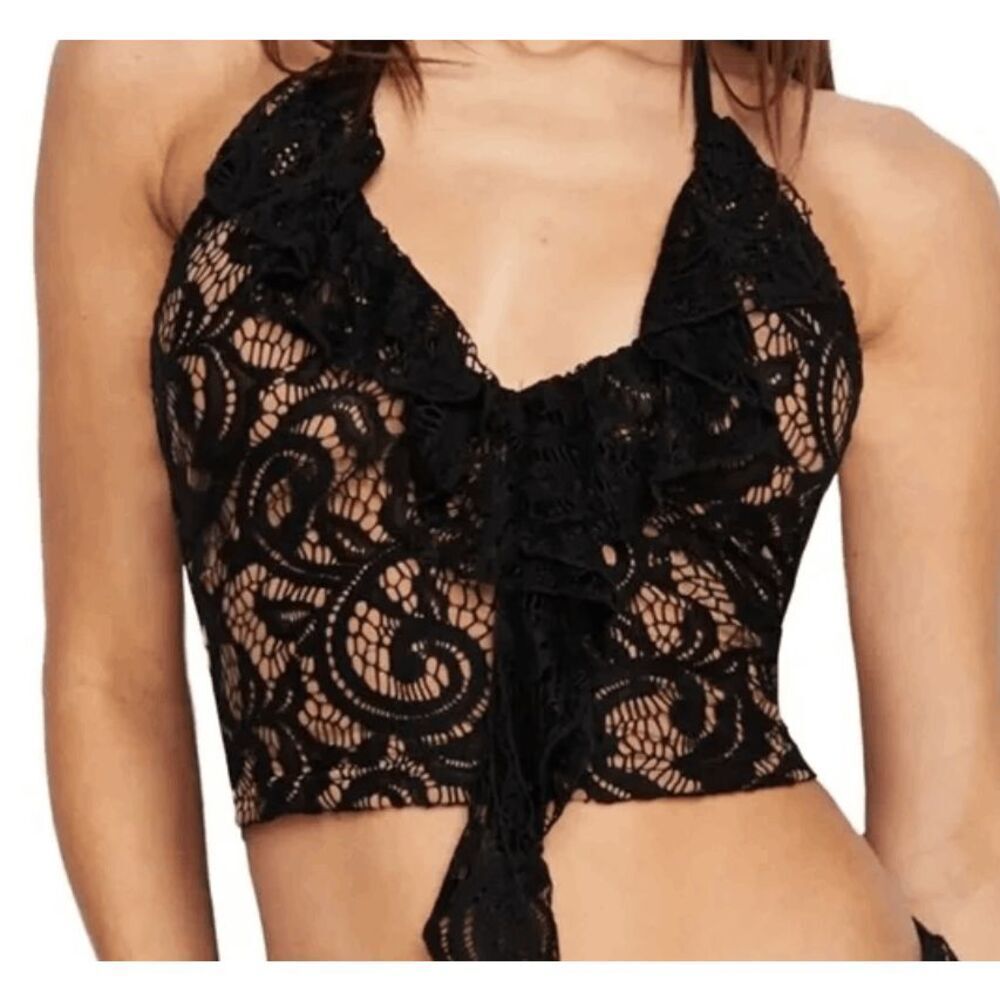 I.AM.GIA Jennifer Black Lace Halter Top with Nude Lining Center Ruffle Small‎